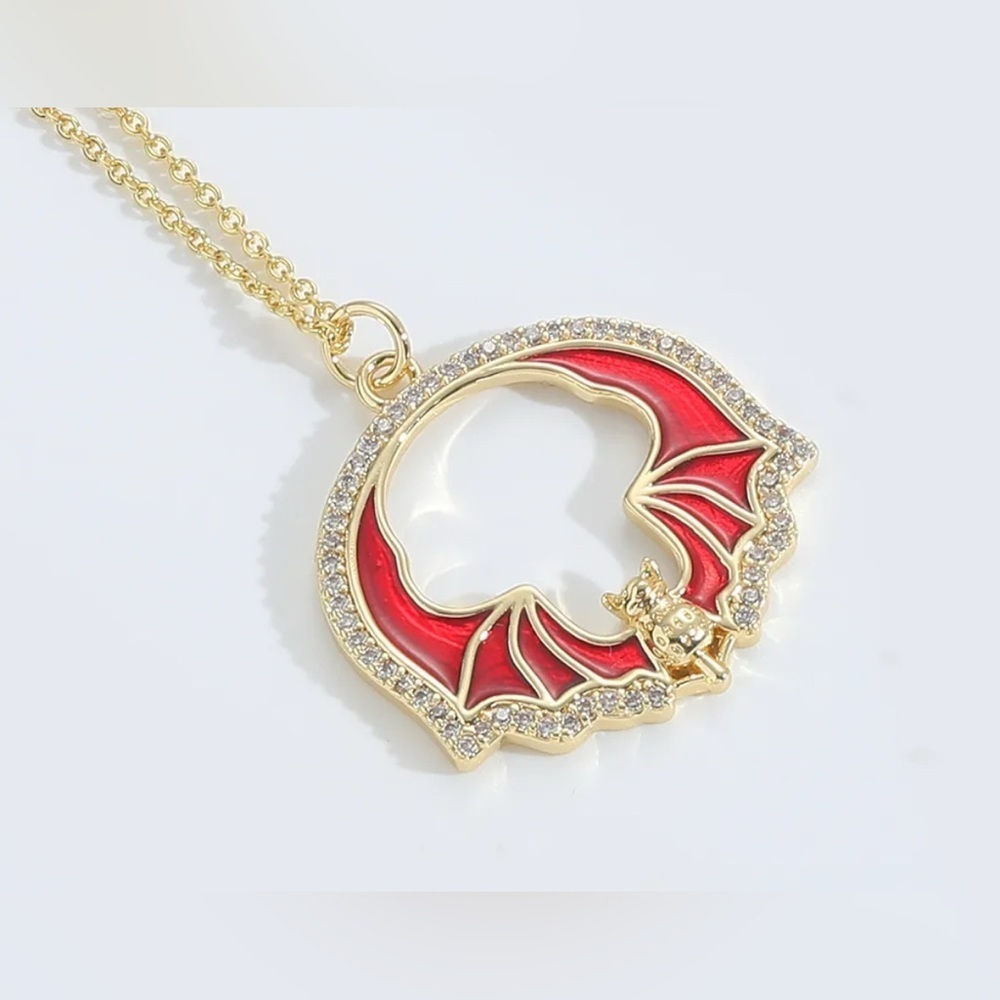 14K Gold Gothic Red Bat W/ Zircon Inlay Outline Enameled Pendant Necklace Punk